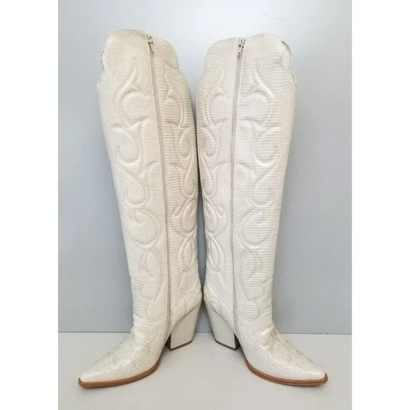 Free People Deja Over-the-Knee Boots Cream Faux Lizard Size 7 - Picture 4 of 5